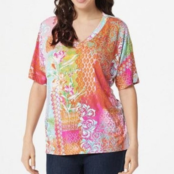 Belle by Kim Gravel Tops - Belle by Kim Gravel V-Neck Print Top w/ Sleeve Tab